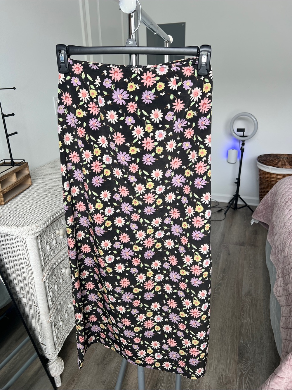 Wrapper Black Maxi Skirt with Pink, Lilac & Green Flowers